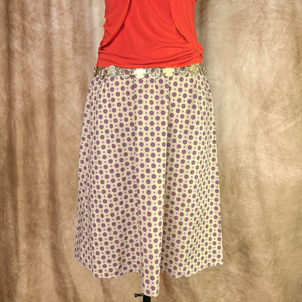 Vintage 70s Midi Skirt Floral Polka Dot Pattern Tan A Line Boho Retro Mod Hippie